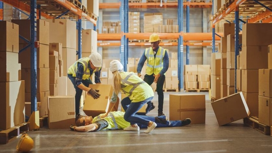 Injured worker being assisted by other workers due to boxes falling on him.