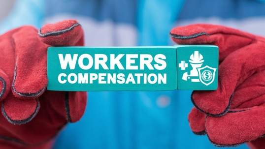 Worker wearing red gloves holding a small sign that reads, "Workers Compensation".